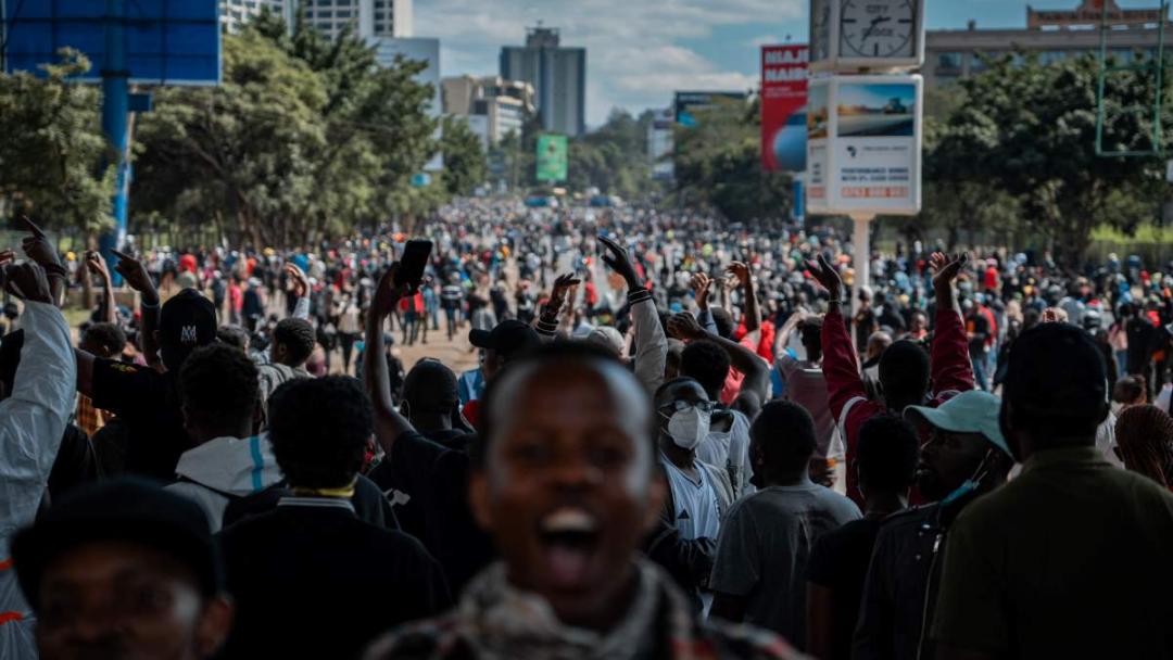 Protesters gather during a nationwide strike to protest against tax hikes and the Finance Bill 2024 in downtown Nairobi, on June 25, 2024.