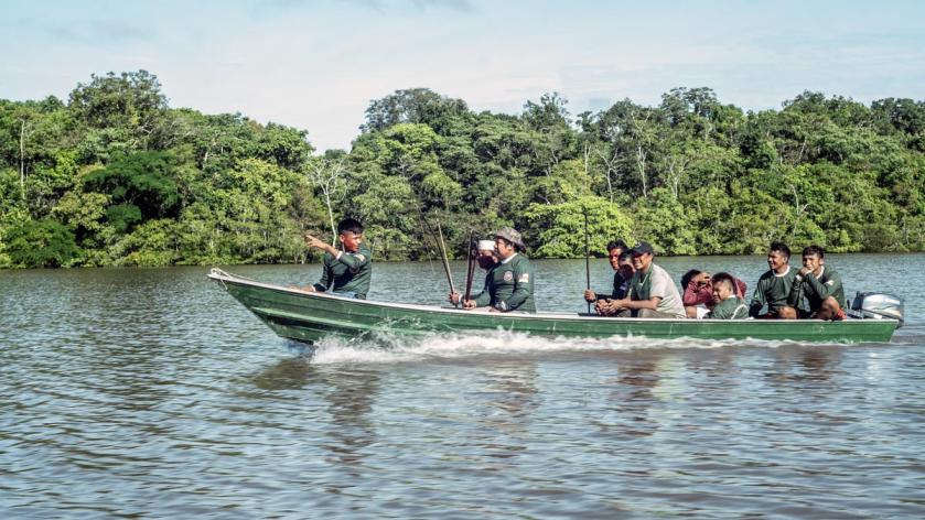 Members of the "Warriors of Forest", a vigilante group from the Kanamari ethnic group, patrol along the Javari river in the Javari Valley, in the northwest Amazonas state of Brazil, on May 18, 2023.