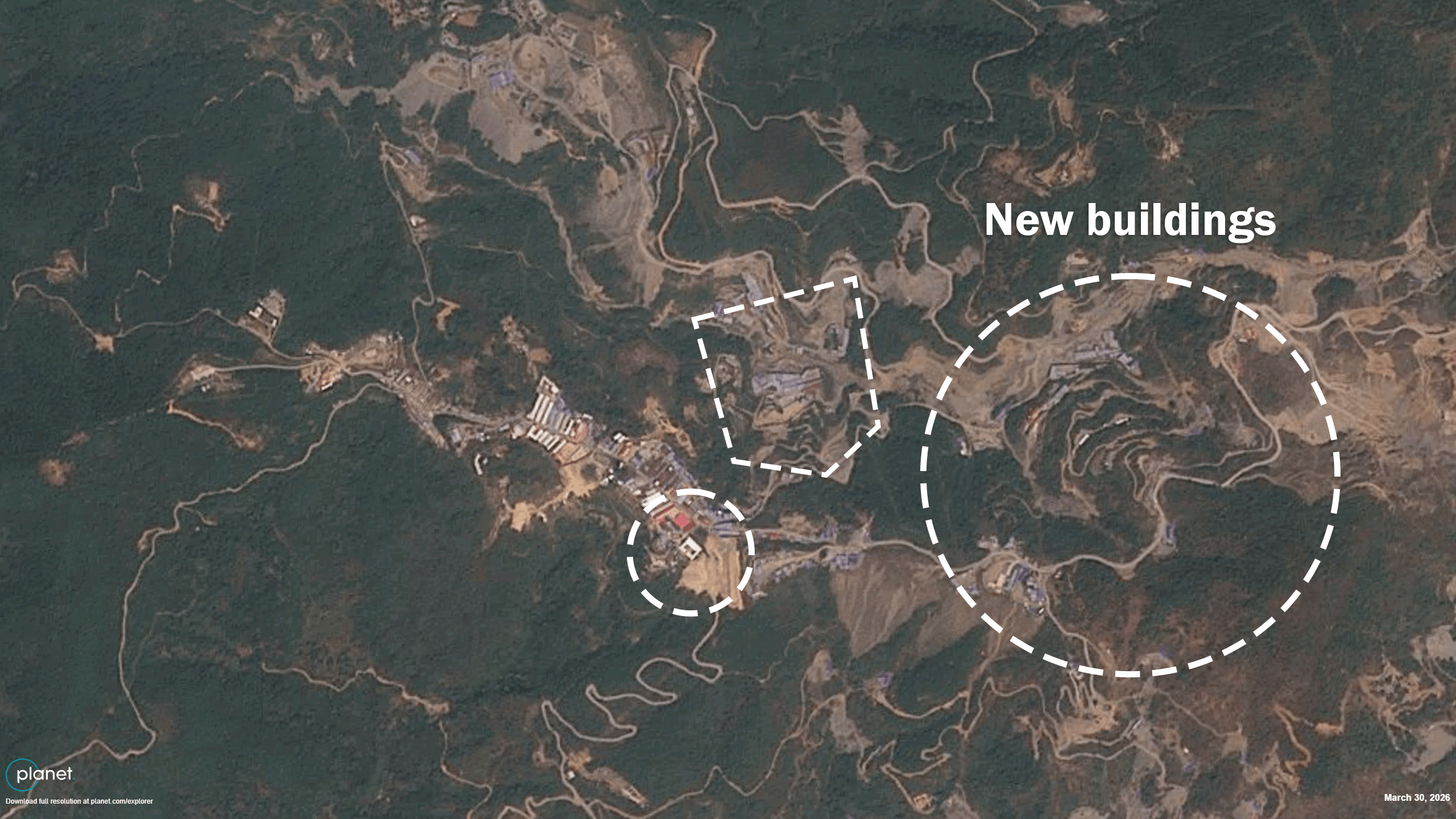 Satellite view of the Man Maw site in 2026 showing large new buildings
